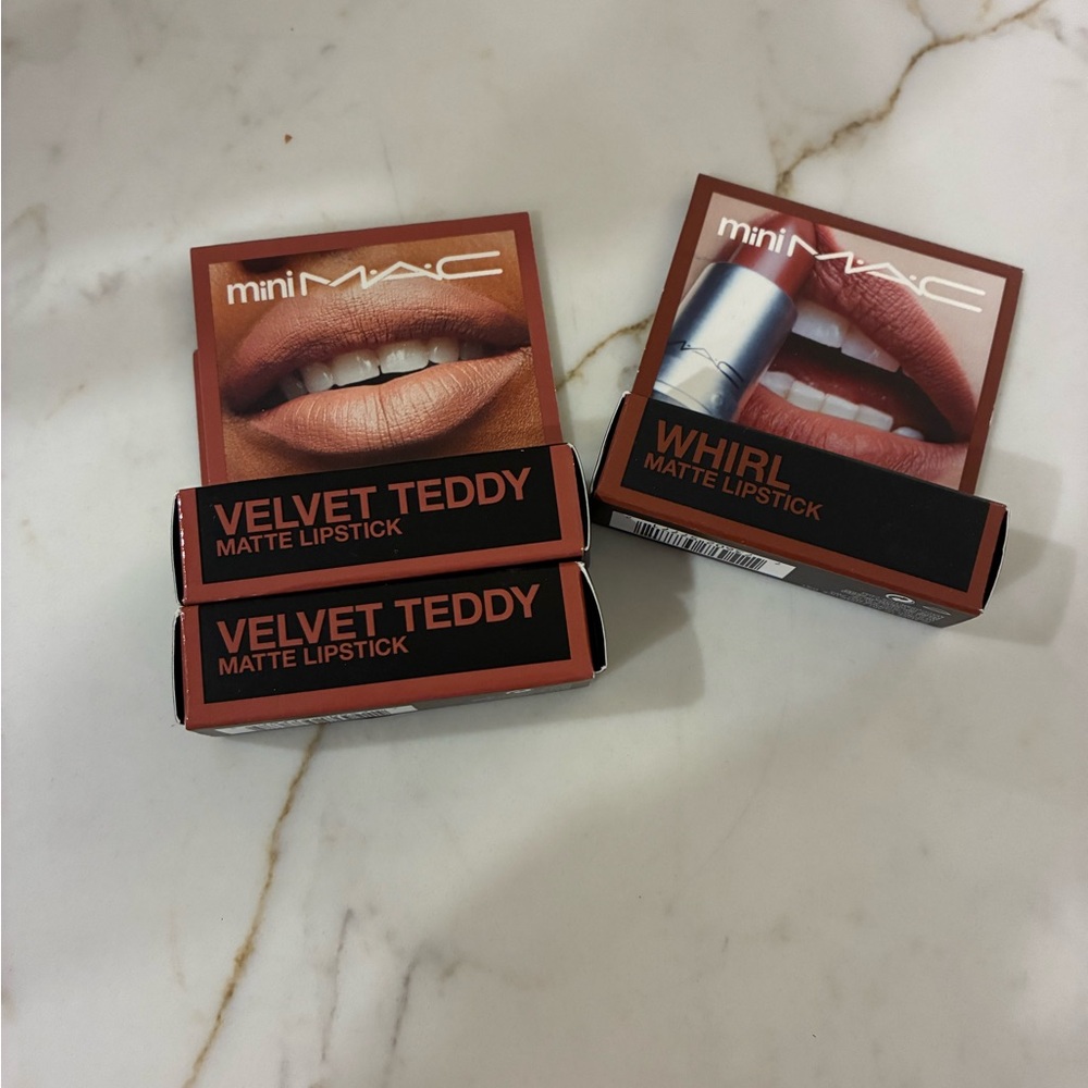 3 MAC Cosmetics mini lipsticks! Velvet Teddy & Whirl Matte Lipstick. You get 3!